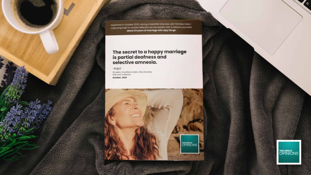 Kajol with hat, relaxed and smiling, featured in a book design mockup