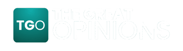 The Great Opinions logo in bold white font on transparent background