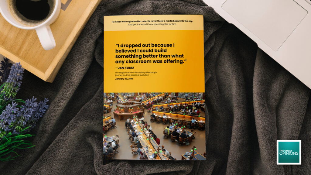 A hardcover book on a minimalist table with the quote “I dropped out because I believed I could build something better than what any classroom was offering.” imprinted in bold.