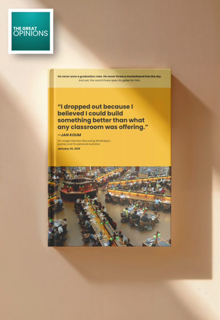 Top-down view of an open book laid flat, showcasing the quote “I dropped out because I believed I could build something better than what any classroom was offering.” across both pages.