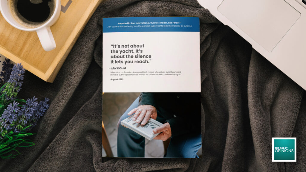Jan Koum’s reflection on privacy and superyachts, printed on a book with an elder holding a photo frame