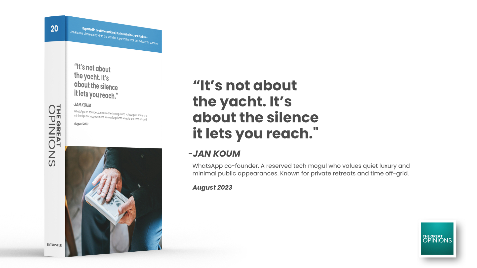 Minimalist book cover with Jan Koum quote about yachts and peace