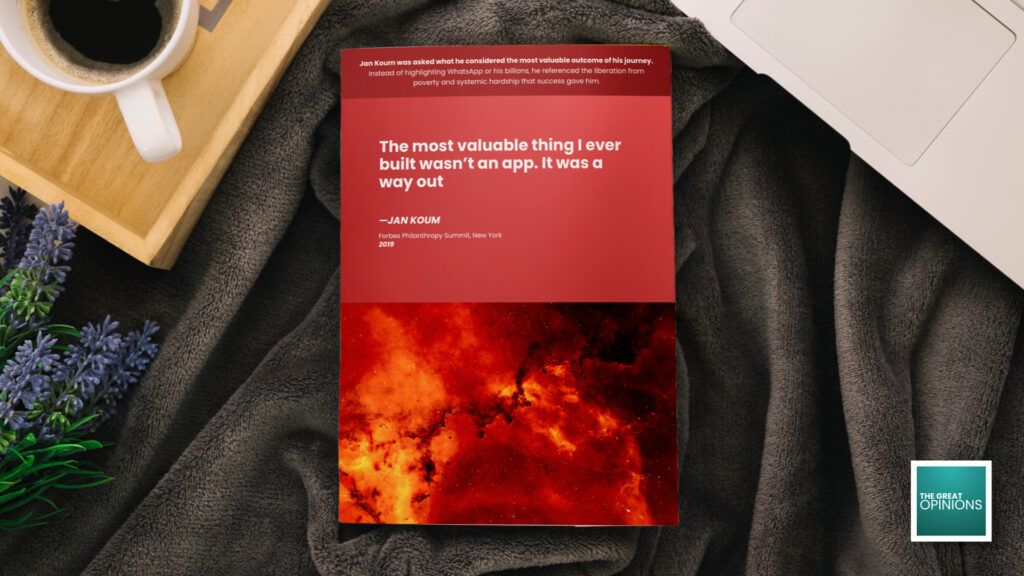 Jan Koum quote on wealth printed on a hardbound book