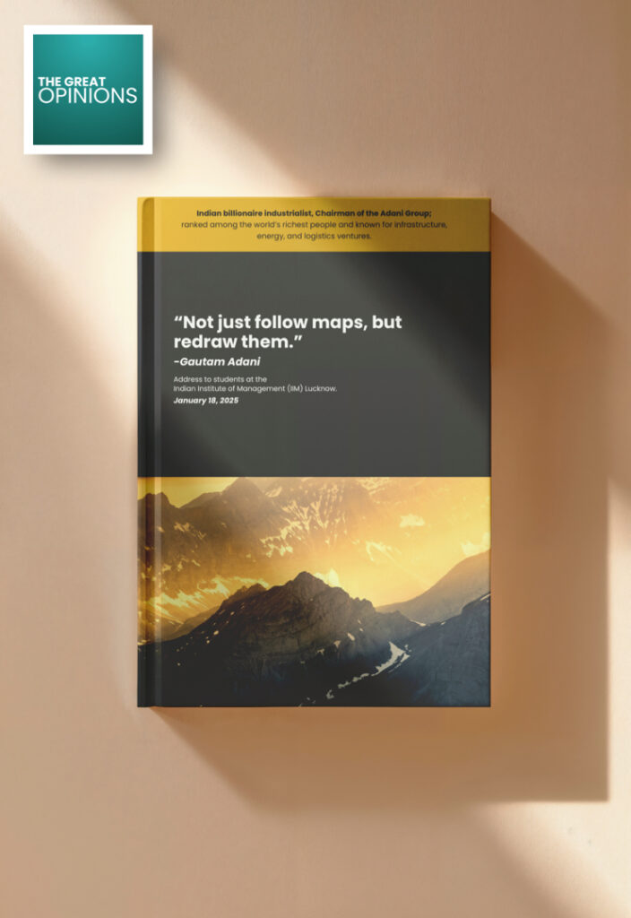 Book mockup with Gautam Adani quote “Not just follow maps, but redraw them”