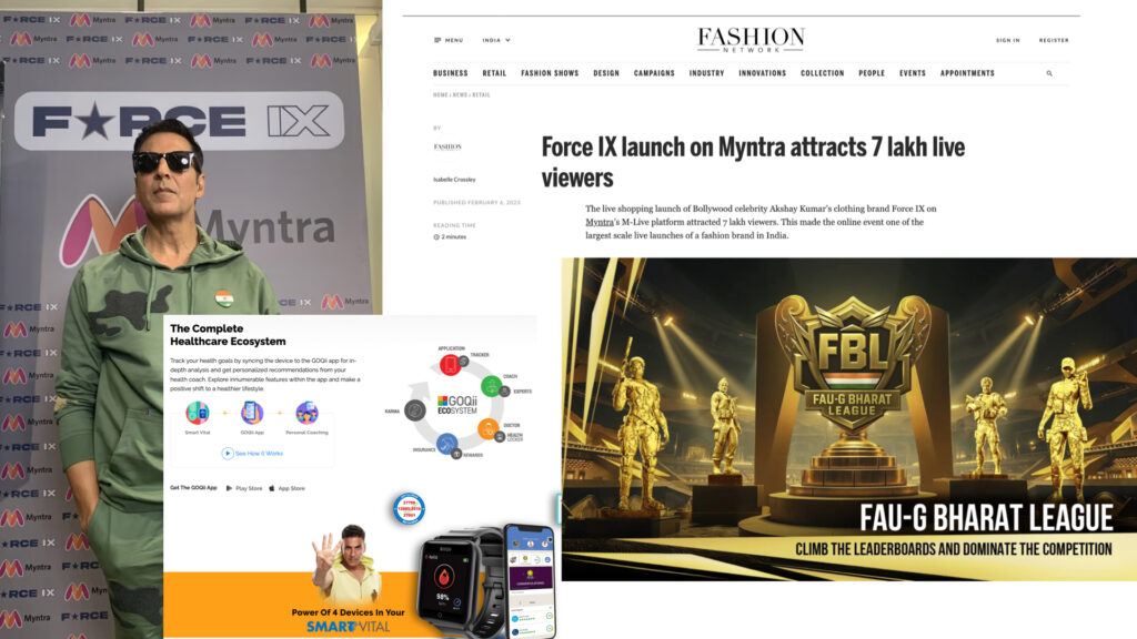 Akshay Kumar showcasing his business ventures Force IX, GOQii, and FAU-G Bharat League