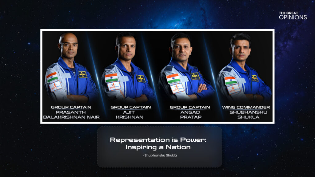 Indian astronaut team including Wing Commander Shubhanshu Shukla with Group Captains Prasanth Balakrishnan Nair, Ajit Krishnan, and Angad Pratap.