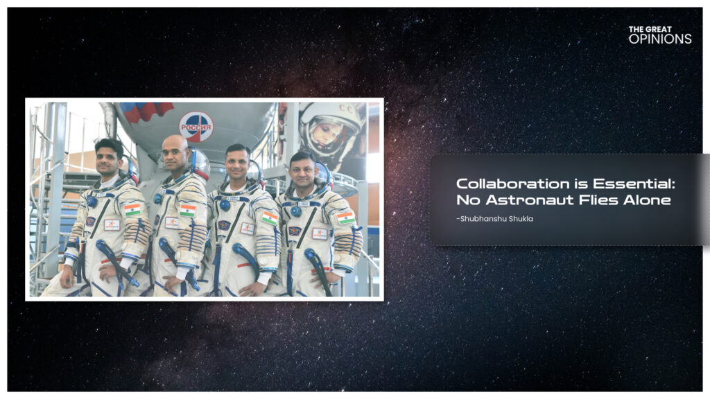 Indian astronauts in Russian training space suits preparing for the Gaganyaan mission.