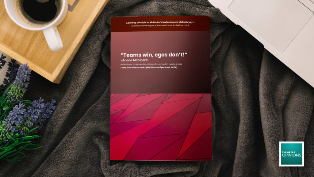 Anand Mahindra quote “Teams win, egos don’t” on a designed book