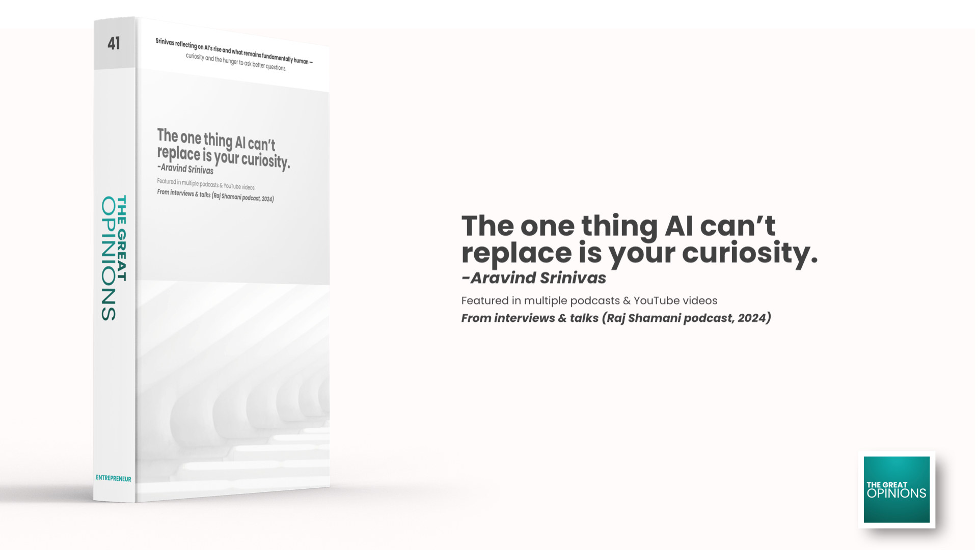 Aravind Srinivas quote on curiosity book with city street backdrop