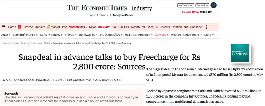 Economic Times news Snapdeal acquires FreeCharge ₹2,800 crore Kunal Shah