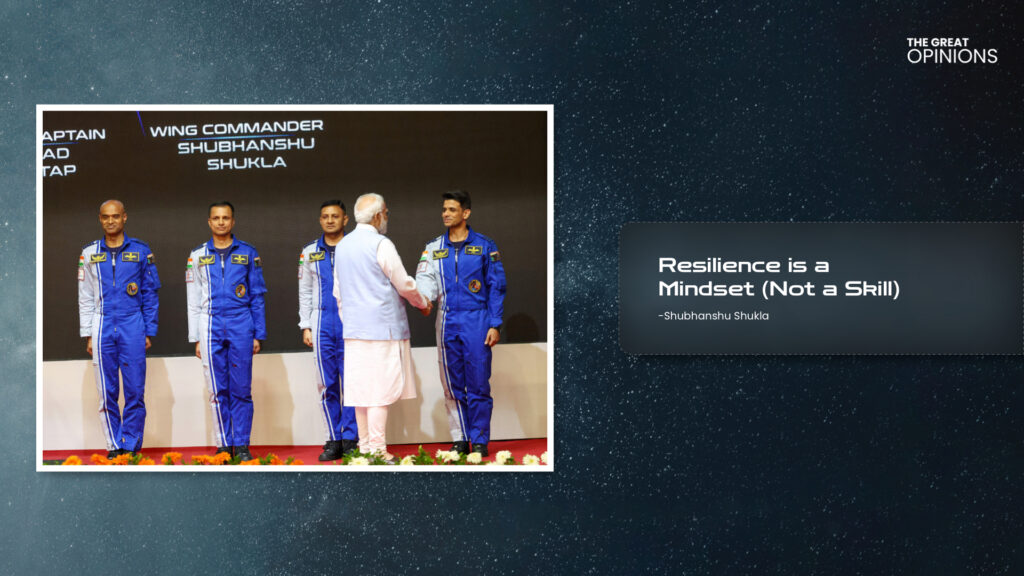 Prime Minister Narendra Modi meeting Wing Commander Shubhanshu Shukla and fellow astronauts in blue flight suits.
